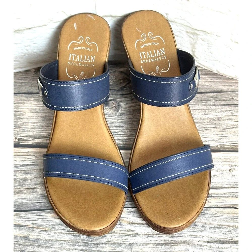 Italian Shoemaker Sandals Wedge‎ Navy Blue Leather Straps Fits 10 M